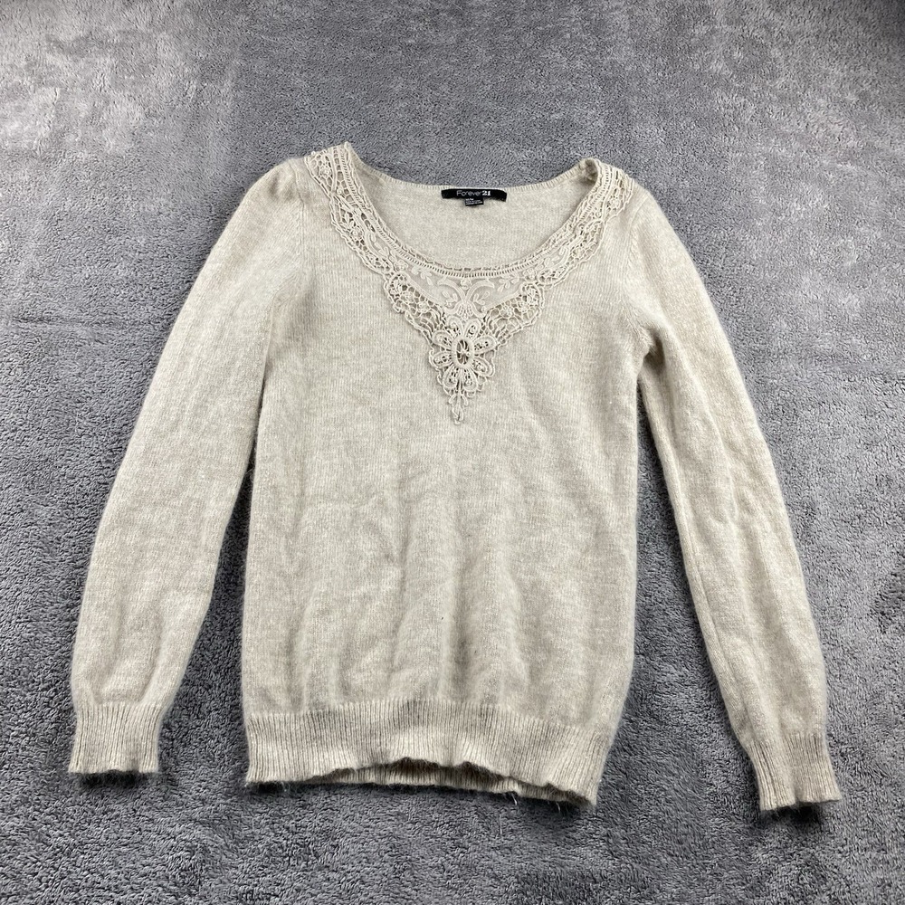 Forever 21 Knit Pullover Sweater Womens Medium Ivory Cream‎ Long Sleeve
